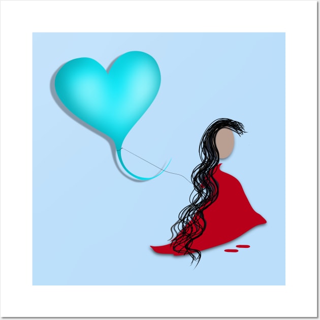 Girl in a red dress holding a blue balloon Wall Art by FlippinTurtles